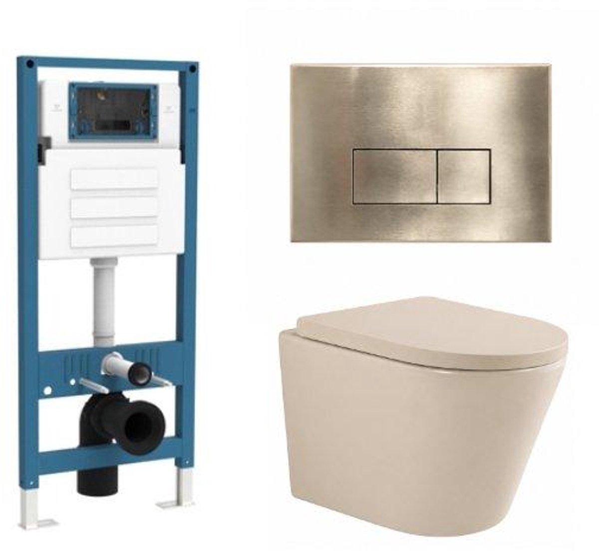 QeramiQ Dely Toiletset - inbouwreservoir Qeramiq Flush - 35mm zitting - metaal messing geborstelde bedieningsplaat - rechthoekige knoppen - beige