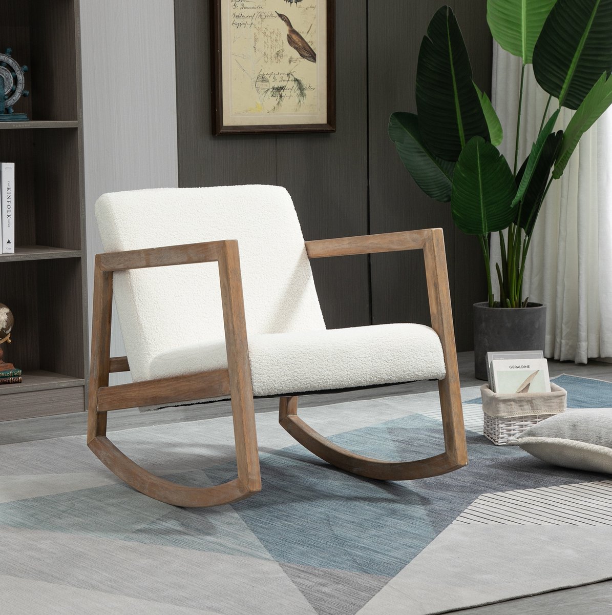MODENUIT Schommelstoel 60 x 81 x 71 cm - Gevoerde Relaxfauteuil Met Armleuningen - Voor Woonkamer - Hout - Crèmewit
