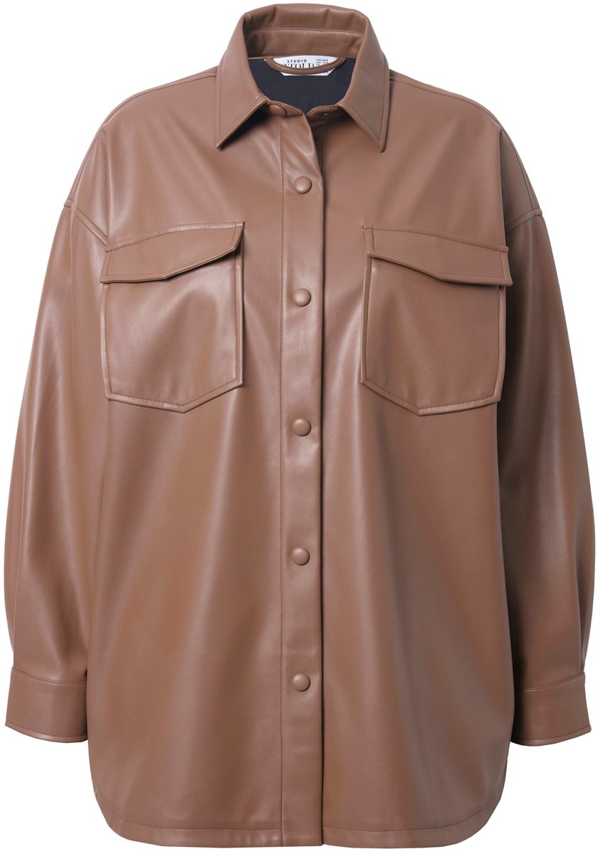 Studio Untold - Dames - Overhemd in leerlook oversized borstzakken lange mouwen - Diep reebruin - Maat 58+