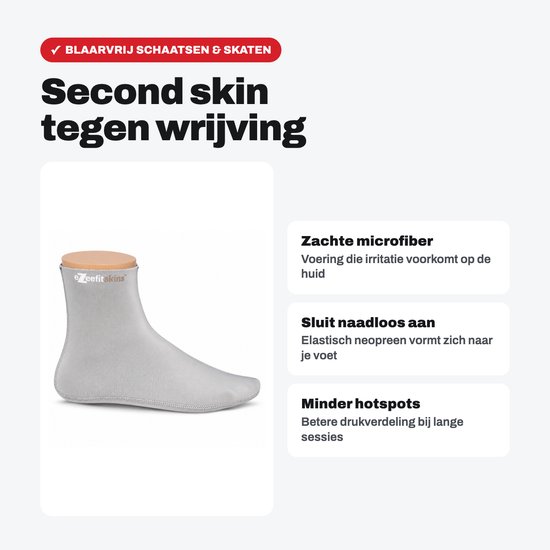 Grijze sok, bedekt de voet en enkel, met productinformatie over zachte microfiber en naadloze pasvorm.
