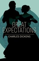 Boekomslag met silhouet van een dansend stel en de titel "Great Expectations" van Charles Dickens.