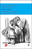 Boek "Alice's Adventures in Wonderland" en "Through the Looking Glass" van Lewis Carroll, met een tekening van Alice die een gordijn opzij trekt.