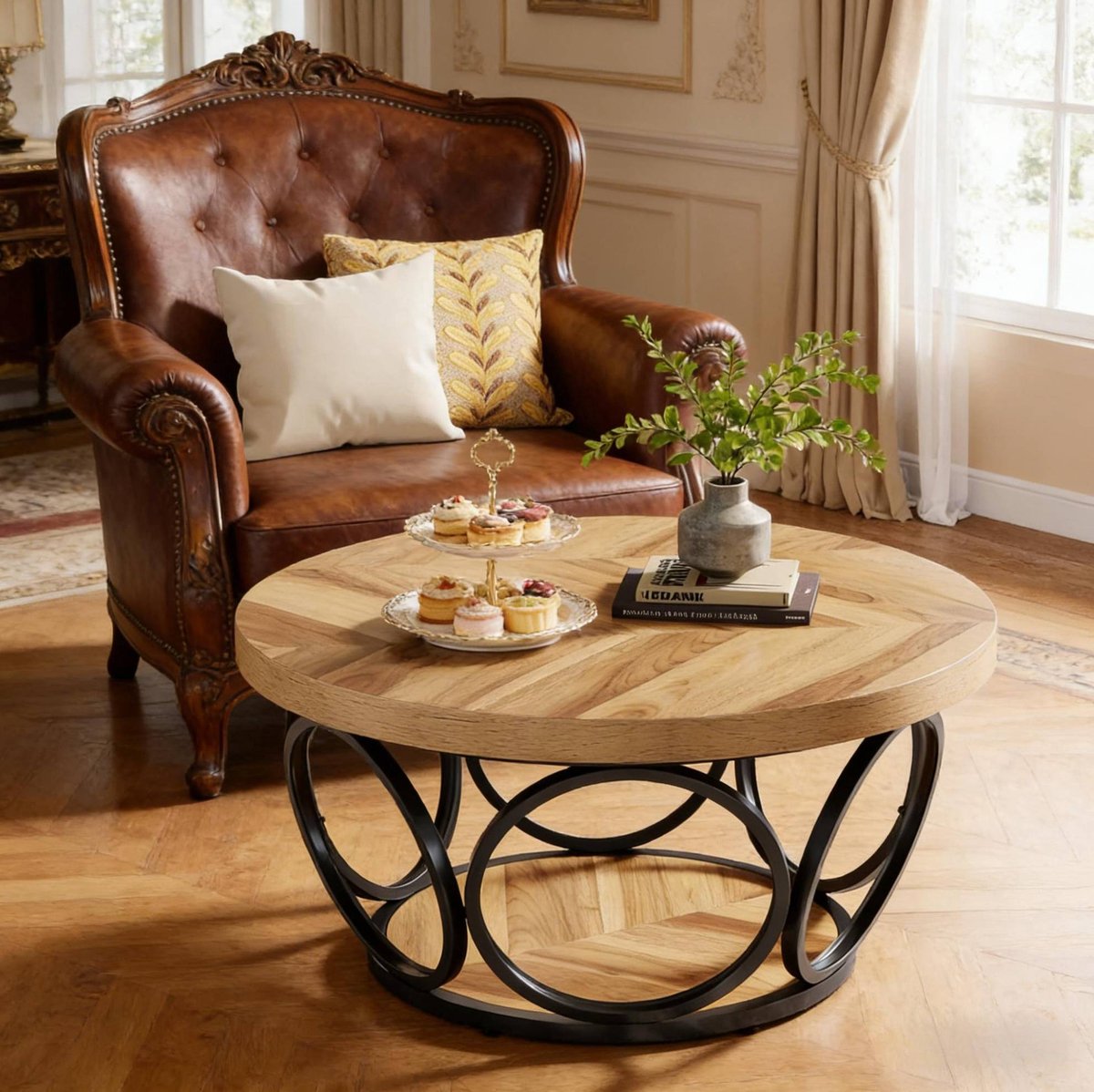 DESMIU Salontafel - Ronde Tafel Met 2 Opbergniveaus - Voor Woonkamer En Middelpunt - Spaanplaat En Metaal - 80 x 42,5 cm - Zwart Bruin