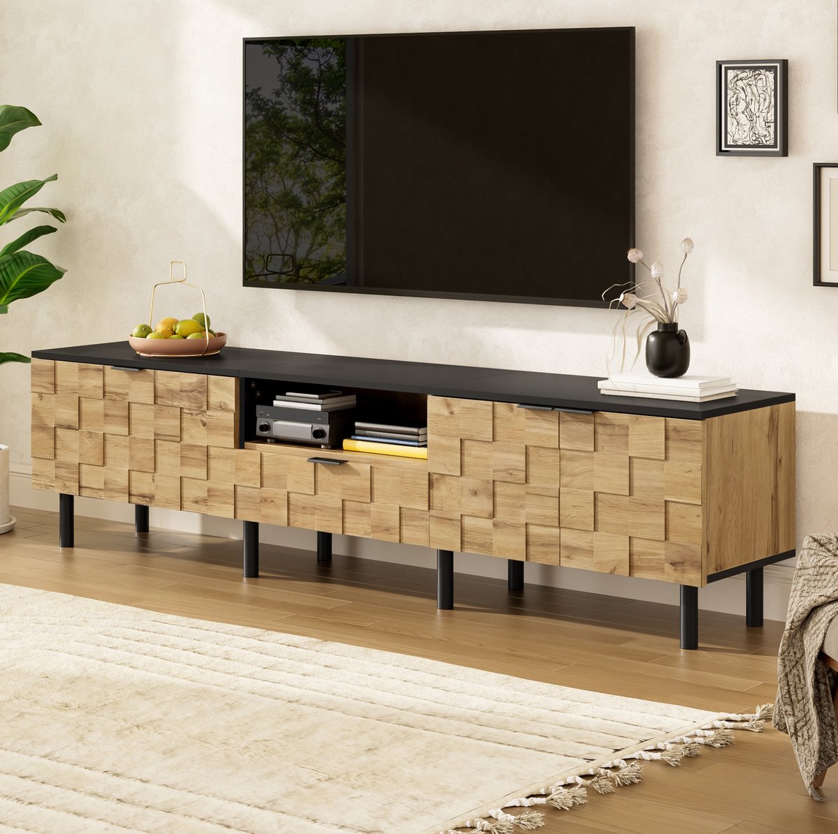 COVREO TV meubel 170x35x44,5 cm naturel zwart, spaanplaat met 1 lade