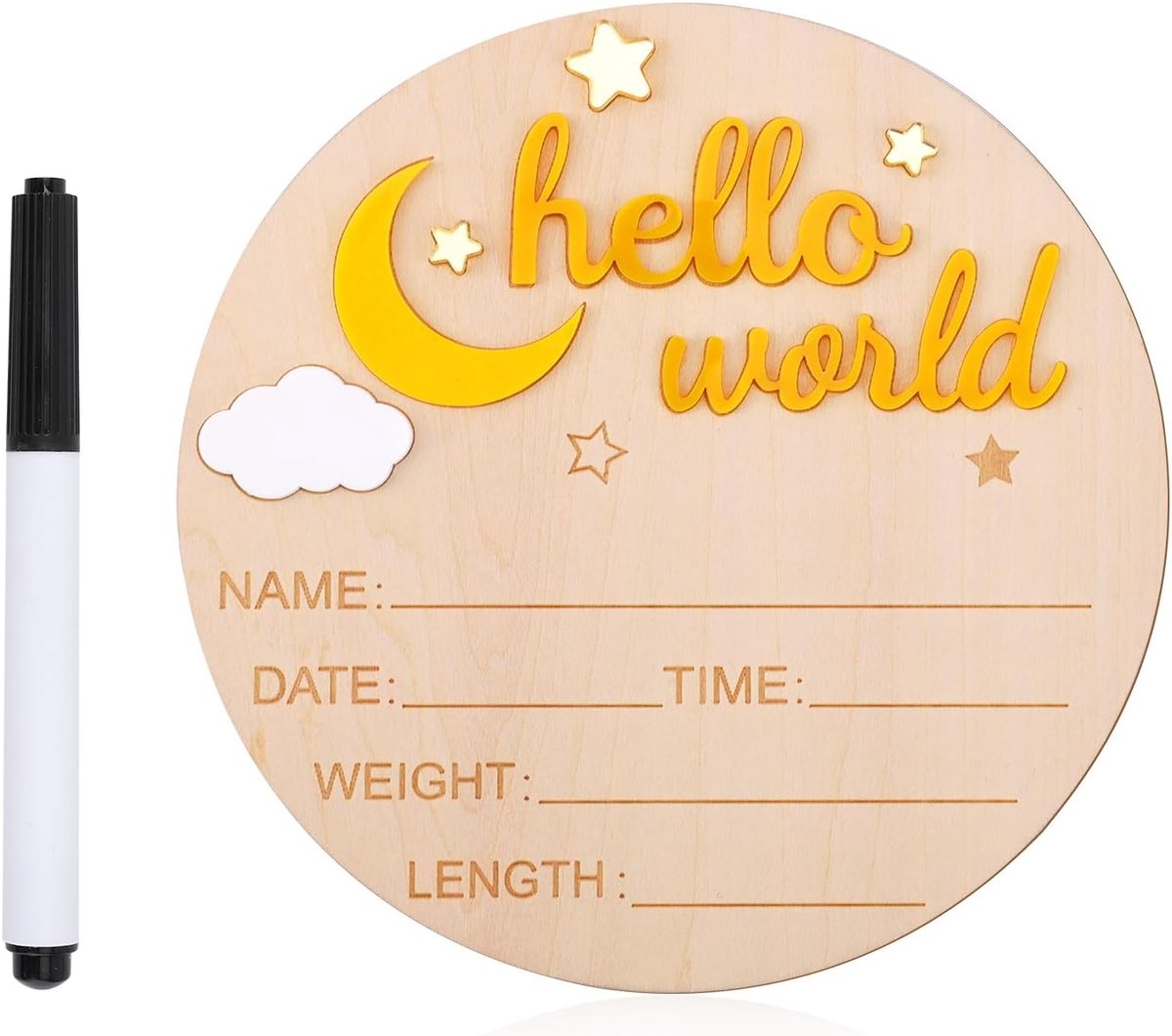 Hello World Newborn Bord, Schattig Geboorte Aankondigingsbord Welkomsbord voor Pasgeborenen Baby Naamplaatje voor Meisjes Jongens Babyshowerfoto Rekwisieten (Geel)