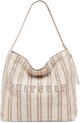 Beige gestreepte tas met beige SUITSUIT logo en gouden drukknoop, voor zwarte achtergrond.