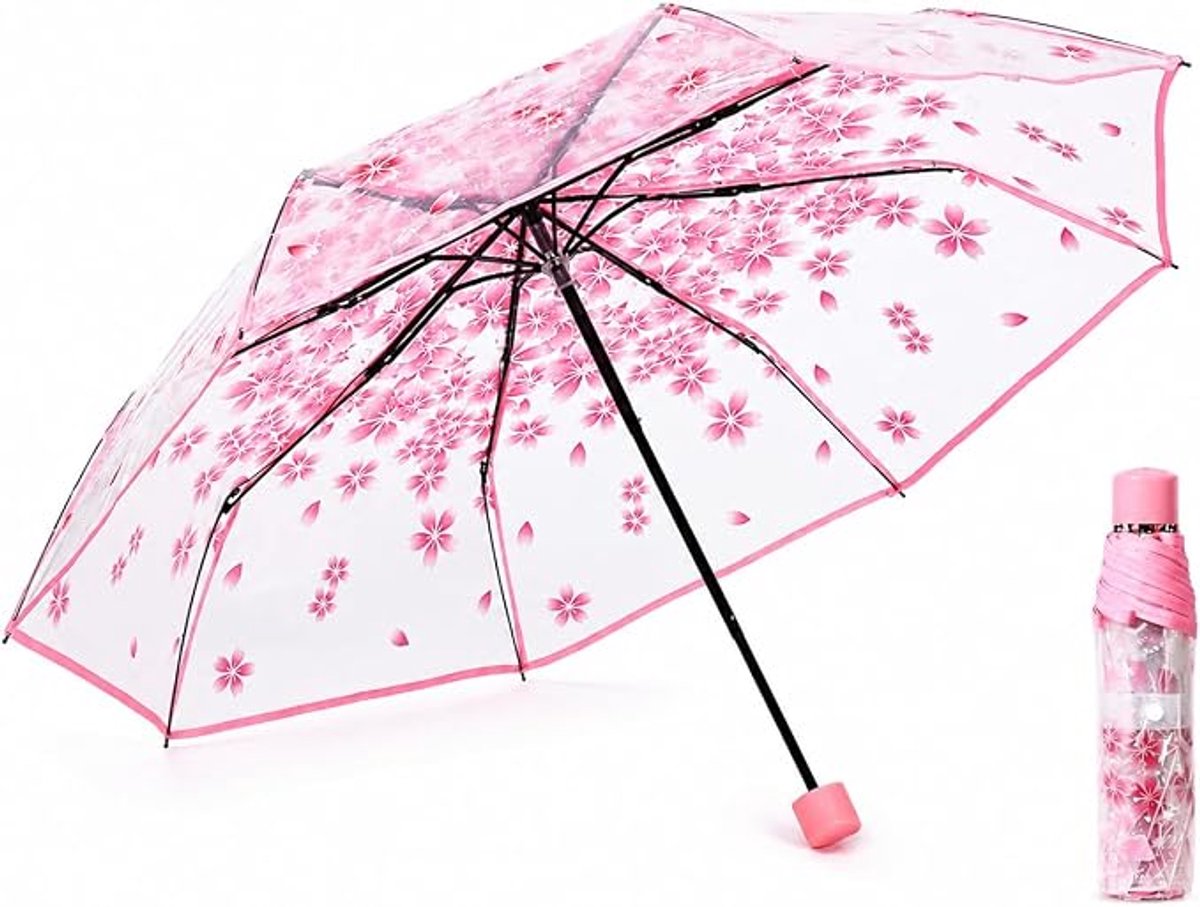 Paraplu - Transparante Opvouwbare Reisparaplu met Sakura Patroon en Matte Handgreep - Lichtgewicht en Doorzichtige Paraplu voor Dames en Bruiloft