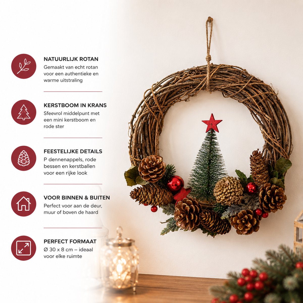 Rotan Kerstkrans Ø 30 x 8 cm – Ronde Deurkrans met Kerstboom, Dennenappels en Sneeuw – Kerstdecoratie voor Binnen en Buiten – Rood, Groen en Naturel – foto 2
