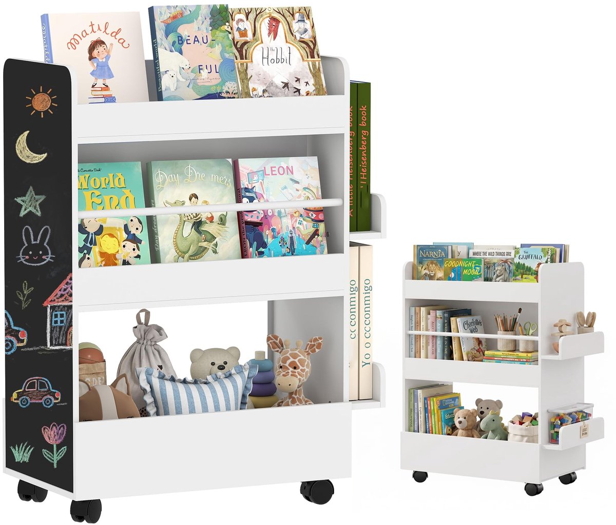Omgoods - Kinderboekenkast met Wielen en Schoolbord - Wit - Voor Kinderen 3 tot 8 Jaar