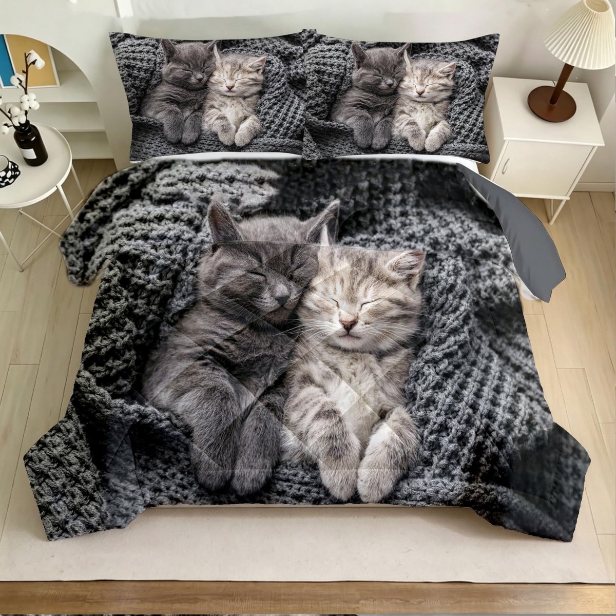 Omgoods - Dekbed met Kattenmotief - 140 x 200 cm, Microvezel, Inclusief 2 Kussenslopen