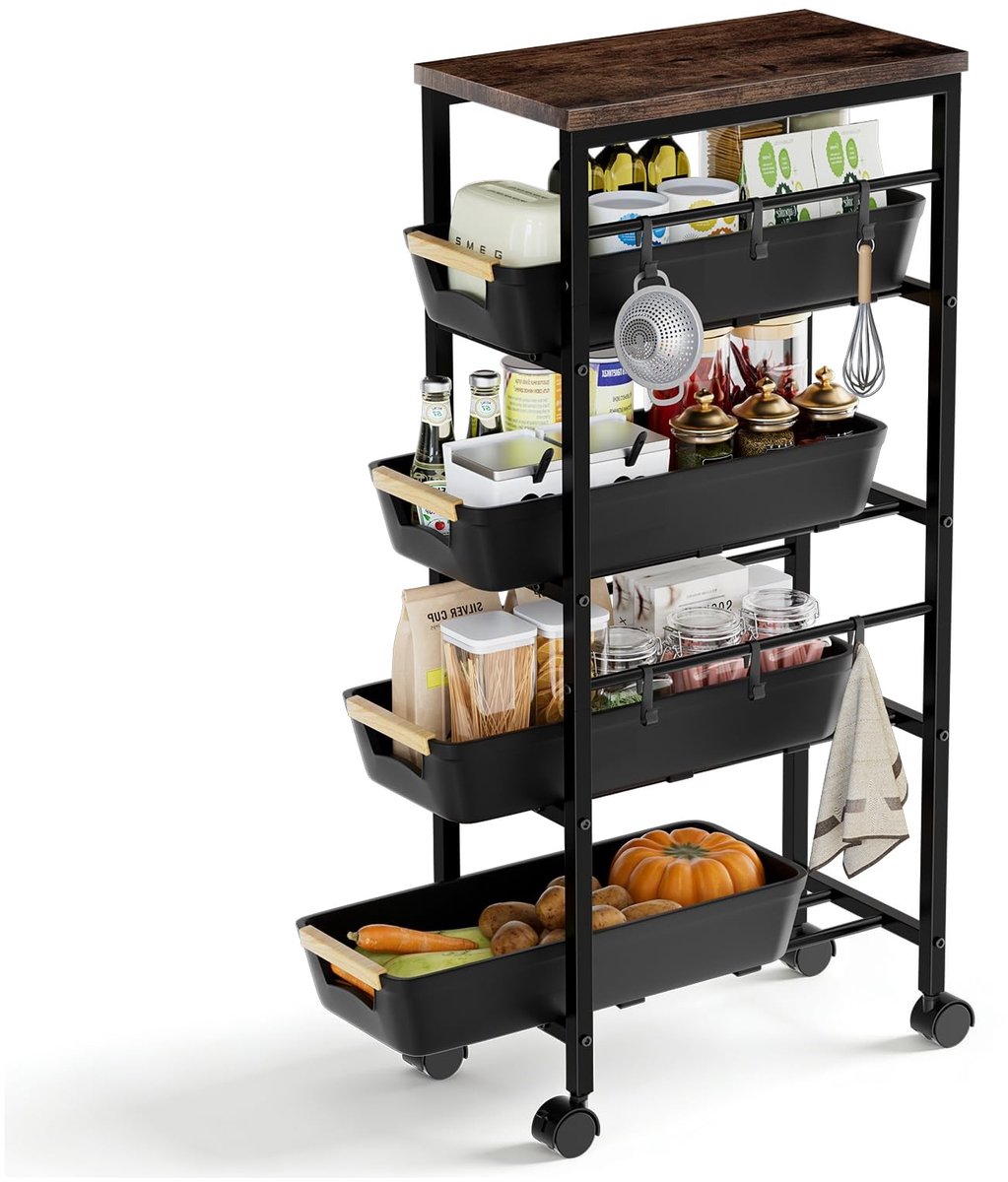 Omgoods - Smalle Opbergtrolley met Houten Plank en 5 Laagjes