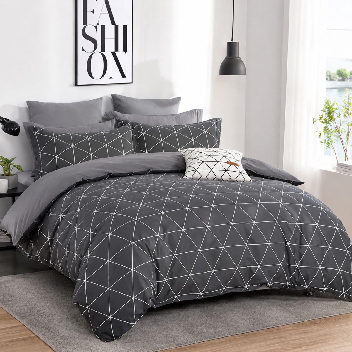 Omgoods - 100% Katoenen Geometrisch Beddengoed Set, Grijs (4-delig)