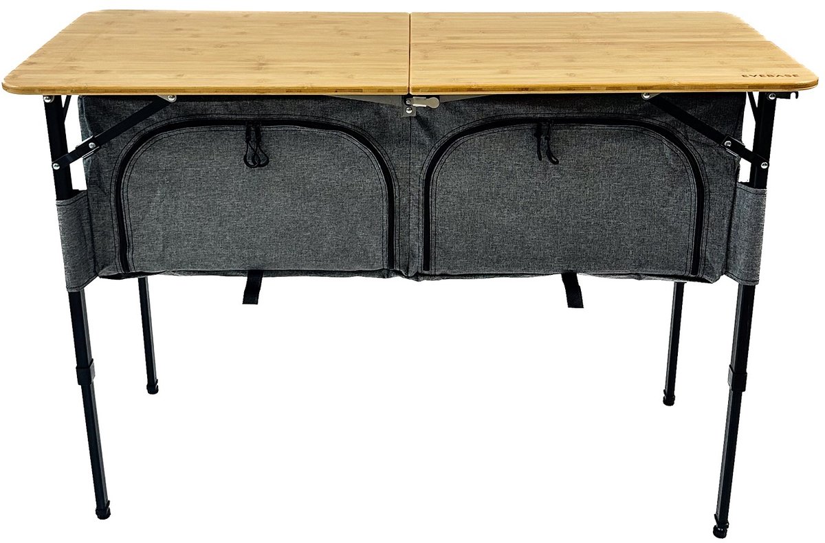 EveBase Flex 120 - Campingkast - Inklapbare Campingtafel met Opbergruimte - Verstelbaar - Bamboe - Grijs/Zwart