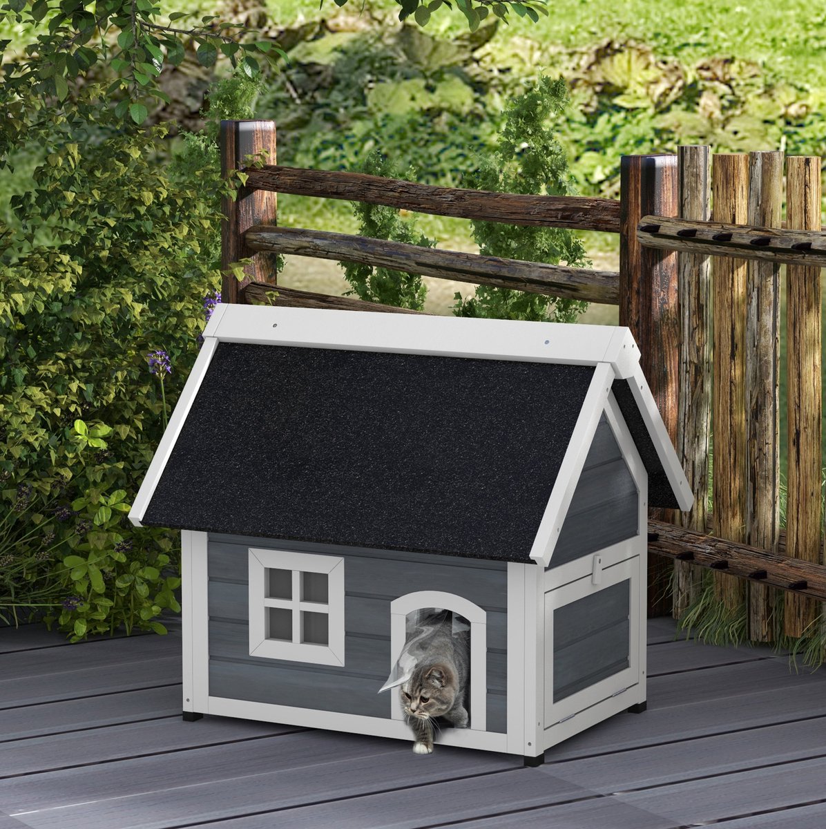 REDOM - Kattenhuis - Met opklapbaar asfalt dak - Met 3 deuren en raam - Weerbestendig - Buiten - Hout - Grijs - 77 x 57,5 x 68 cm