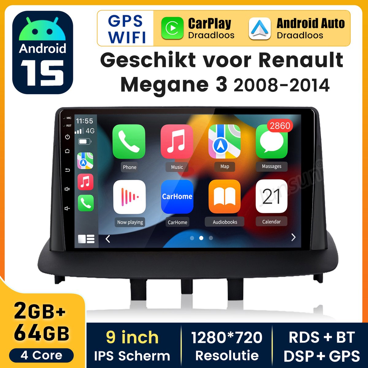 HexinexMarket - Autoradio Geschikt voor Renault Megane 3 (2008-2014) - Draadloos CarPlay, Android Auto, GPS Navi, multimediaspeler - 2GB+64GB