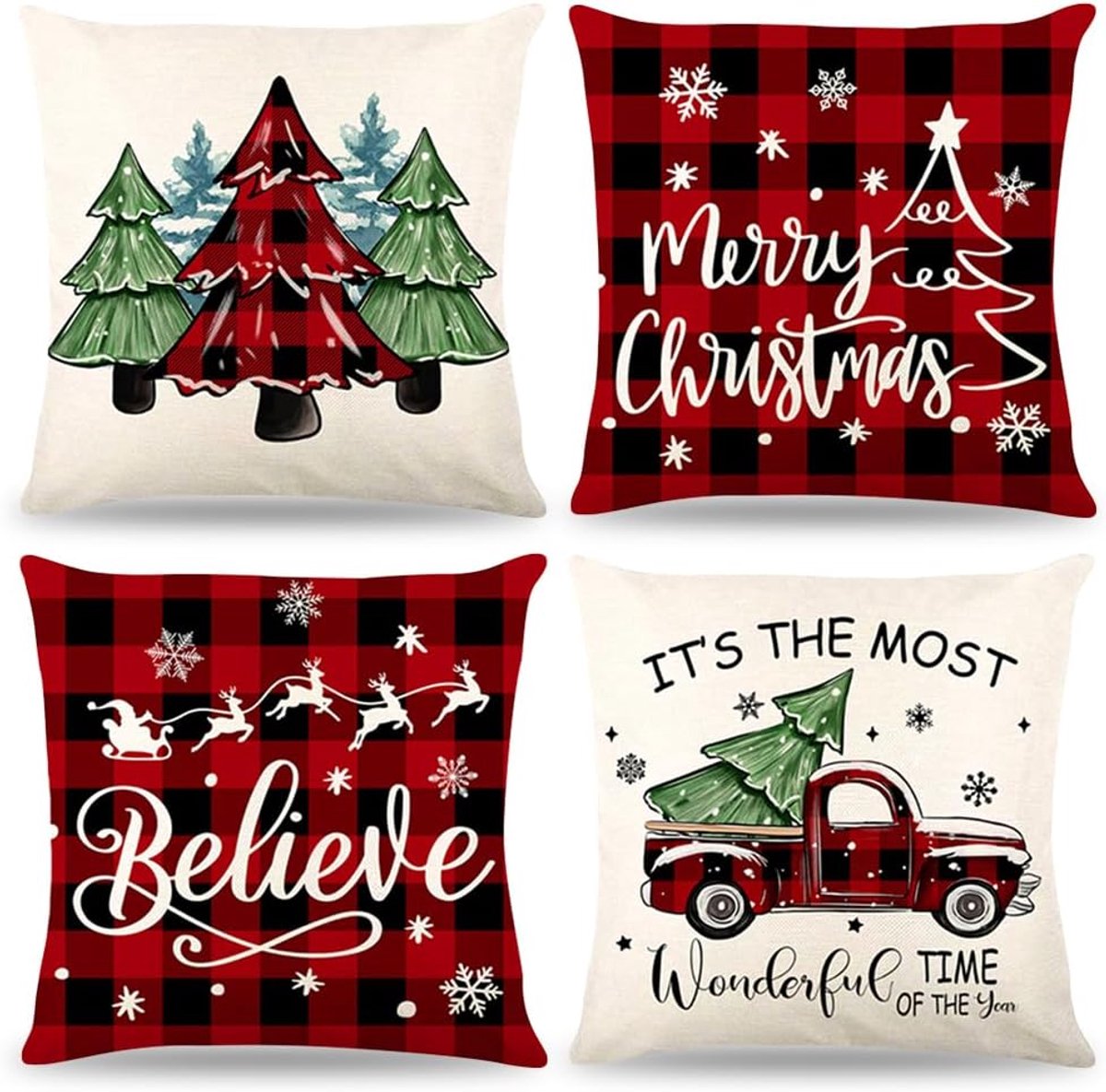 SnelShoppen - 4 Stuks Kerst Kussenhoezen 45 x 45 cm Kerstdecoratie Linnen voor Woonkamer Slaapkamer Bank Decoraties - Stijl B