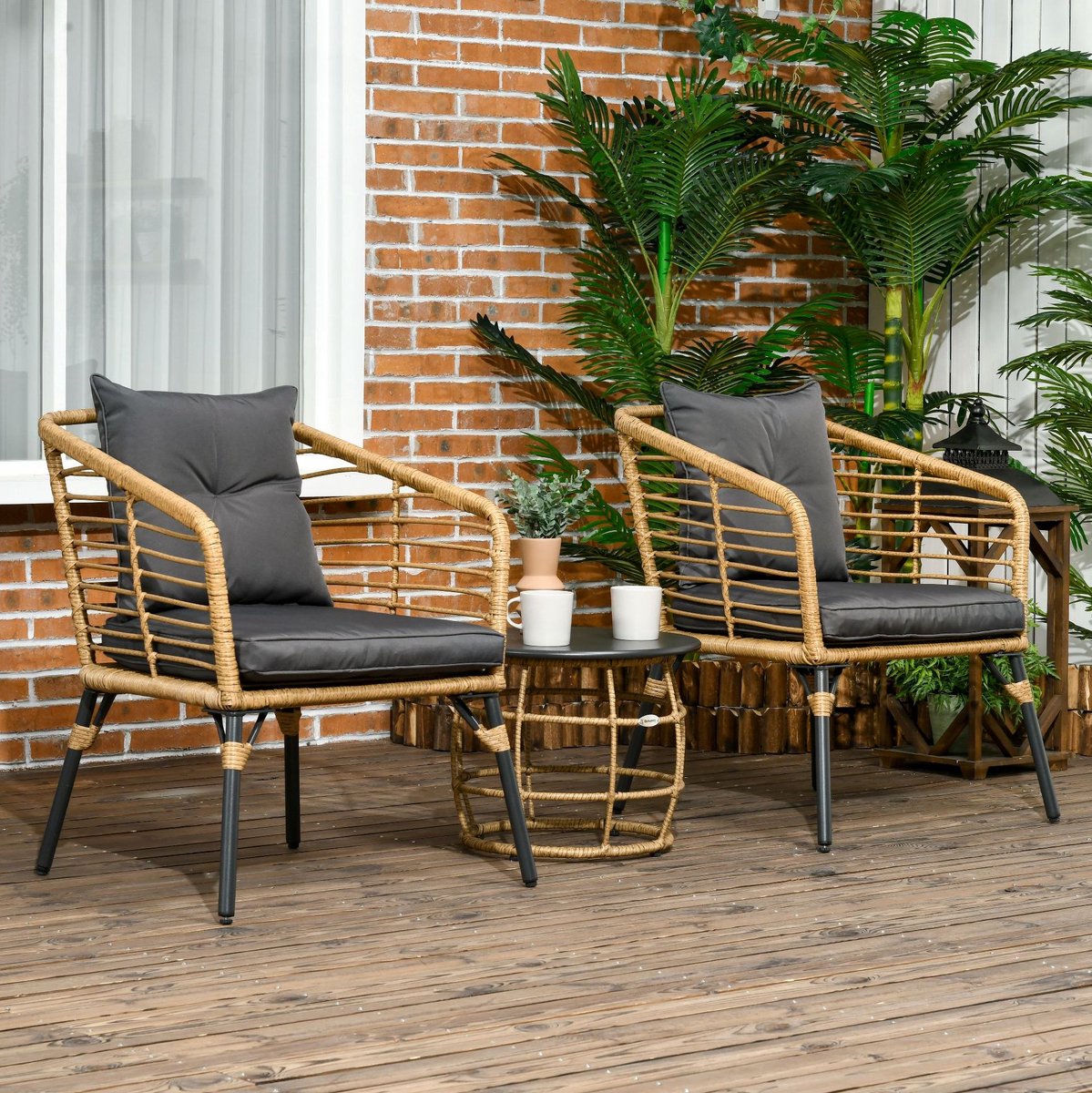 COVREO Bistroset 3-delig sand, 2 stoelen met kussens en ronde tafel