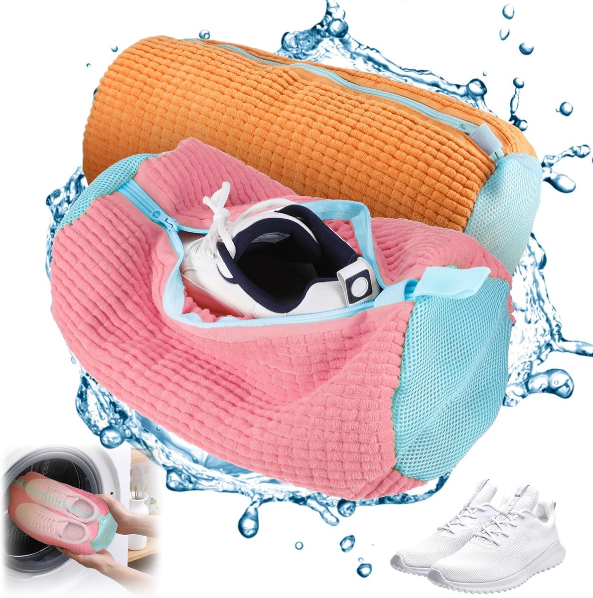 SnelShoppen - Schoenwaszak voor Wasmachine, Herbruikbare Waszak voor Sneakers, Tennis schoenen, Zipper, Polyester Nylon, 2 Kleuren Combinaties (Roze +