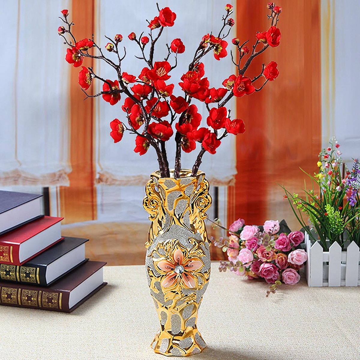 SnelShoppen - Luxe Gekartelde Keramische Vaas, Goudgeplateerde Decoratieve Bloemenvaas voor Woonkamer, Bruiloft, Kunst, Bloemstuk, 30 cm Hoog