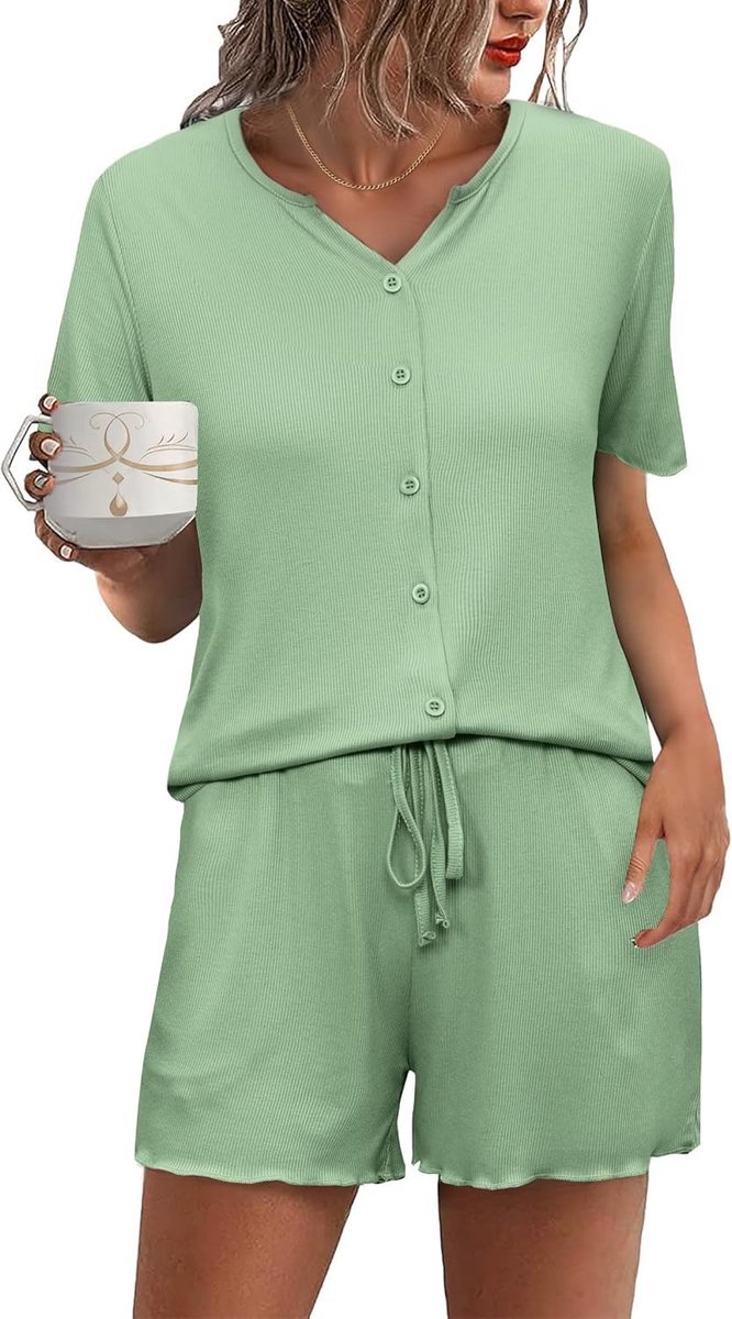 Pyjama voor dames, zomer, korte mouwen, button-down, nachtkleding, zachte V-hals, nachtkleding, loungewear set met trekkoord