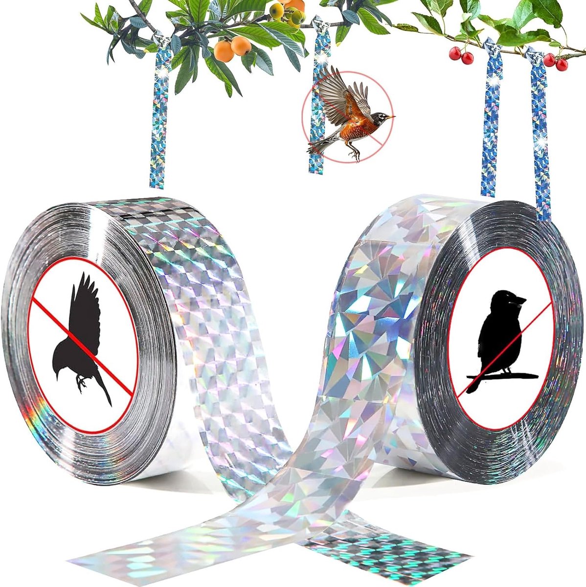 Effectieve Vogelafschrikking met Reflecterende Band, 2 Rollen van 80 m x 2.2 cm, Dubbelzijdige Afschrikband voor Bescherming tegen Vogels en Schade