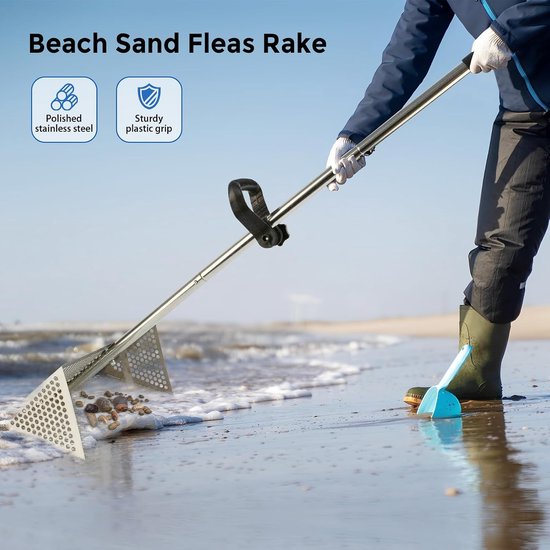 strandhark vlooienhark zandvlooienhark roestvrij staal met brede trapeziummand trapeziumhark strandhark afneembare zandhark met lange greep scherpe tanden — afbeelding 4