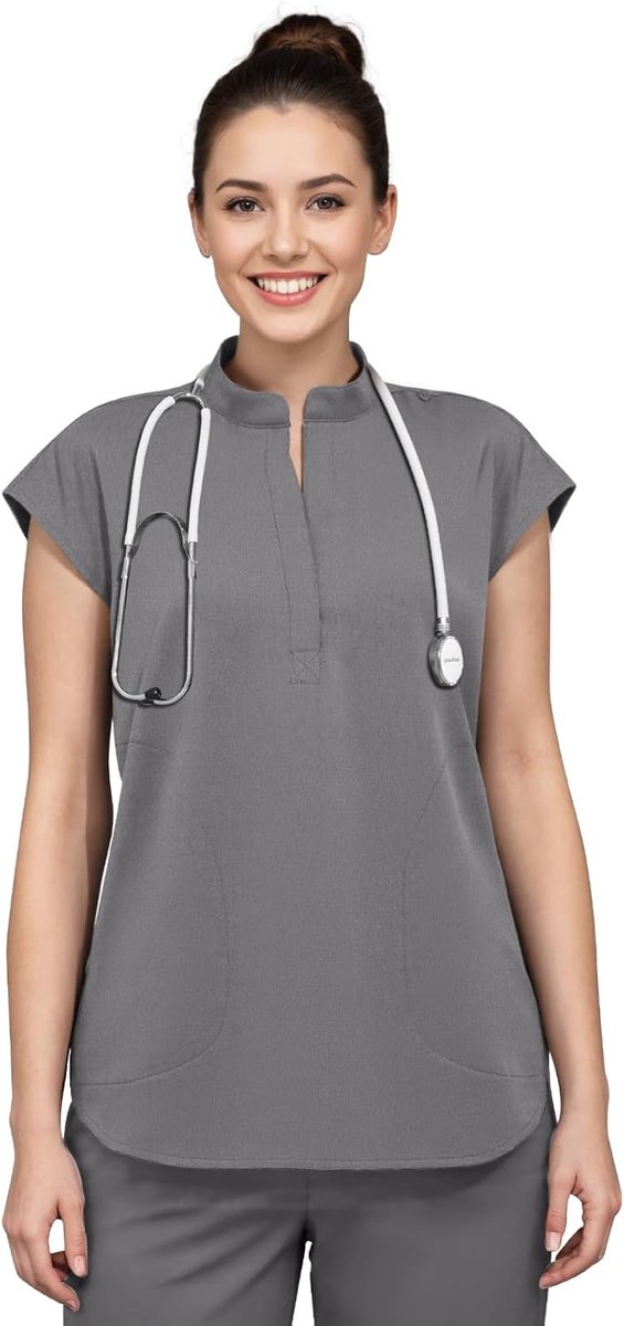 Tops voor vrouwen, medische opstaande kraag, korte mouwen, werkkleding met 2 zakken, voor verpleegkundigen, artsen, assistenten, huisdier verzorging