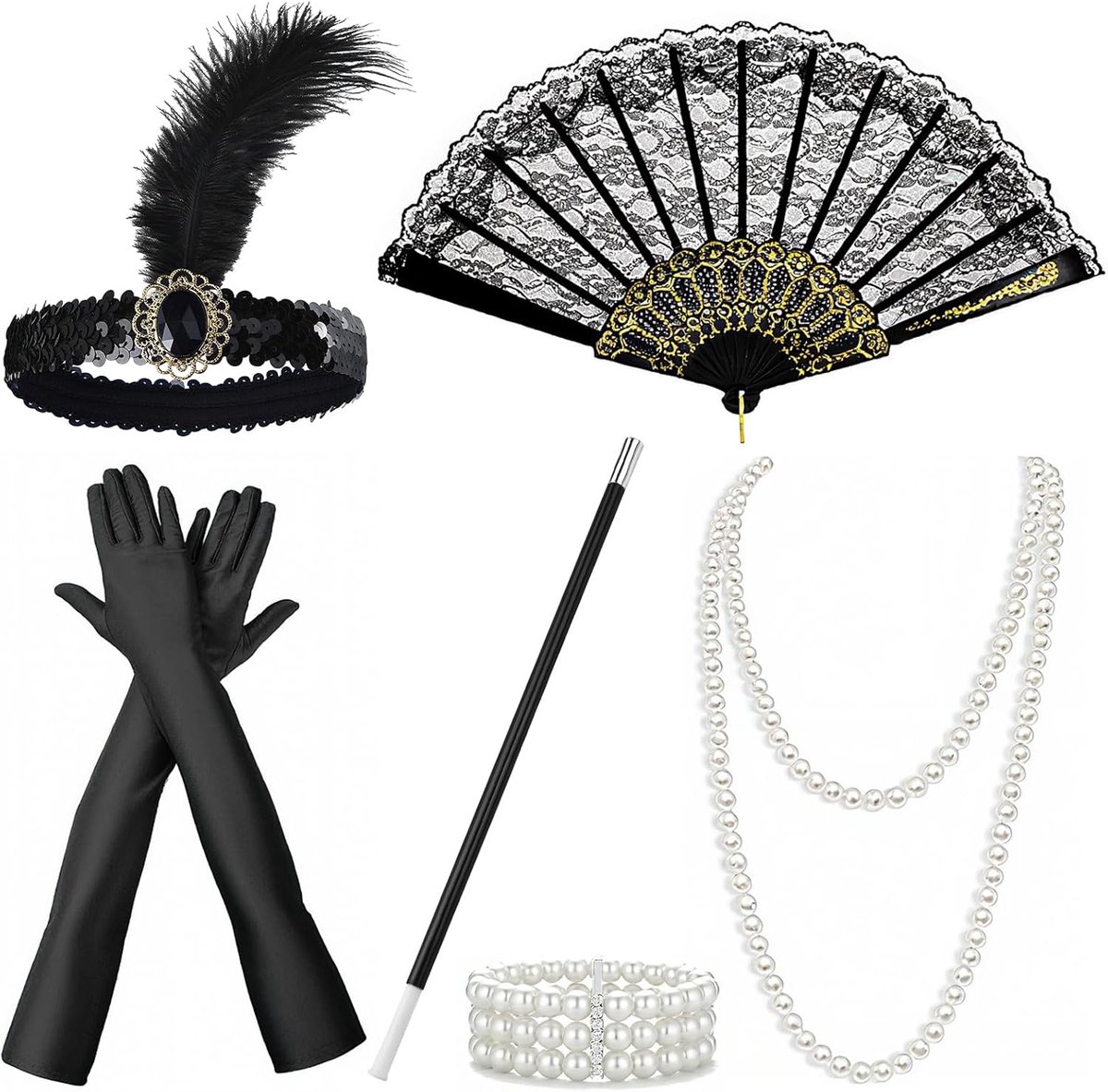 20 accessoires voor dames, Gatsby-accessoires voor dames, jaren 20-kostuum voor dames voor carnaval