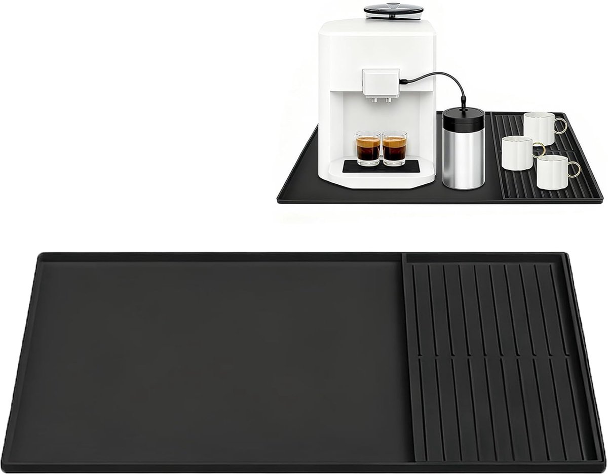 koffiemat, 2 en 1 siliconen mat voor koffiezetapparaat voor koffie, 61 x 40,5 cm onderlegger, met 40 x 19 cm servies, afdruipmat, mat met rand, voor glazen, kopjes, zwart