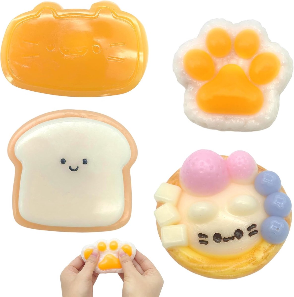 4 stuks Fufu Squishy, kat knijpspeelgoed, knijpen fidget speelgoed tegen stress, sensorisch anti-stress, schattig en knuffelig squishy speelgoed, kitten eieren, kaas, kat paws, toast