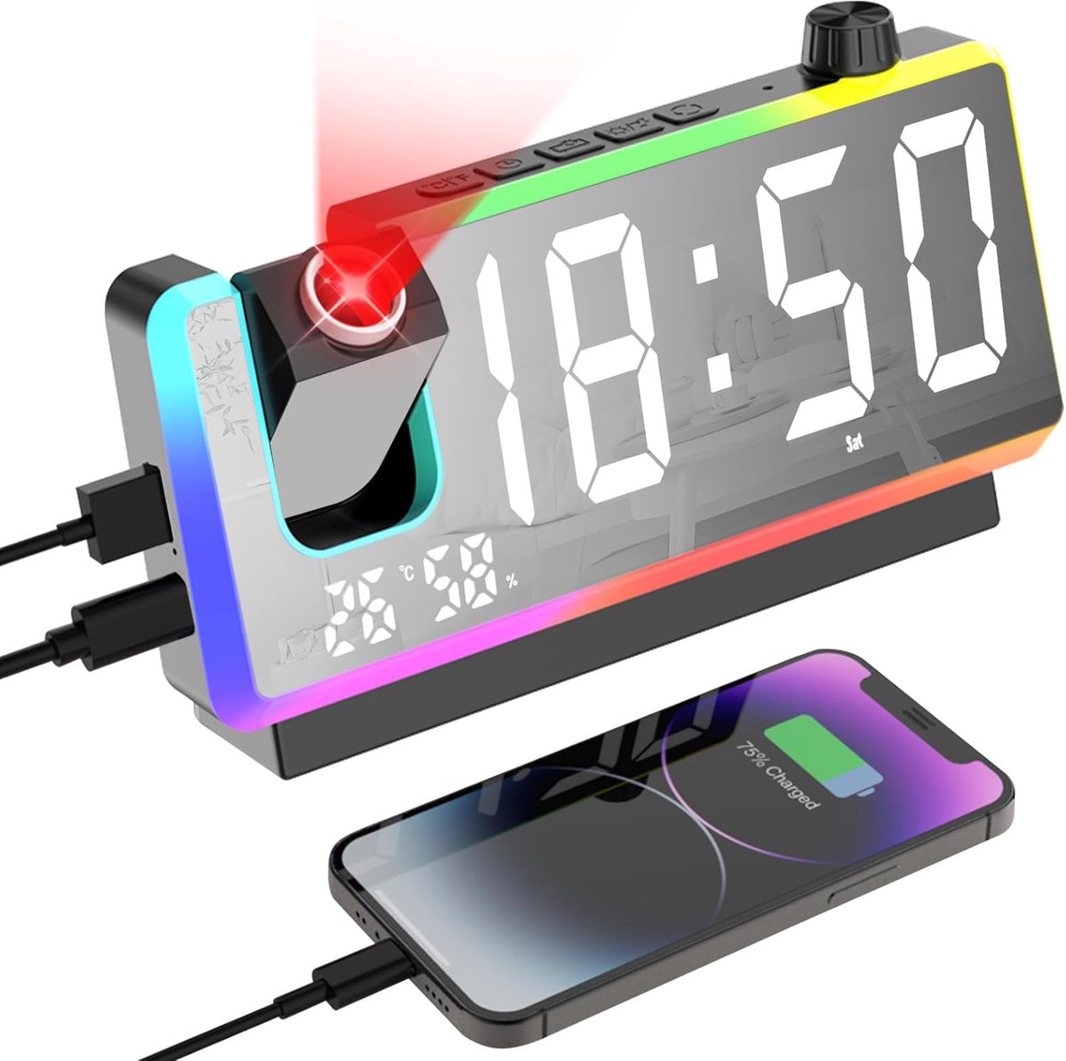 Wekker met plafondprojector, digitale wekker, nachtlampje, RGB 8 modi, 180°-projector, dubbele USB-aansluiting, 3 helderheidsniveaus, temperatuur en luchtvochtigheid, snooze, zwart