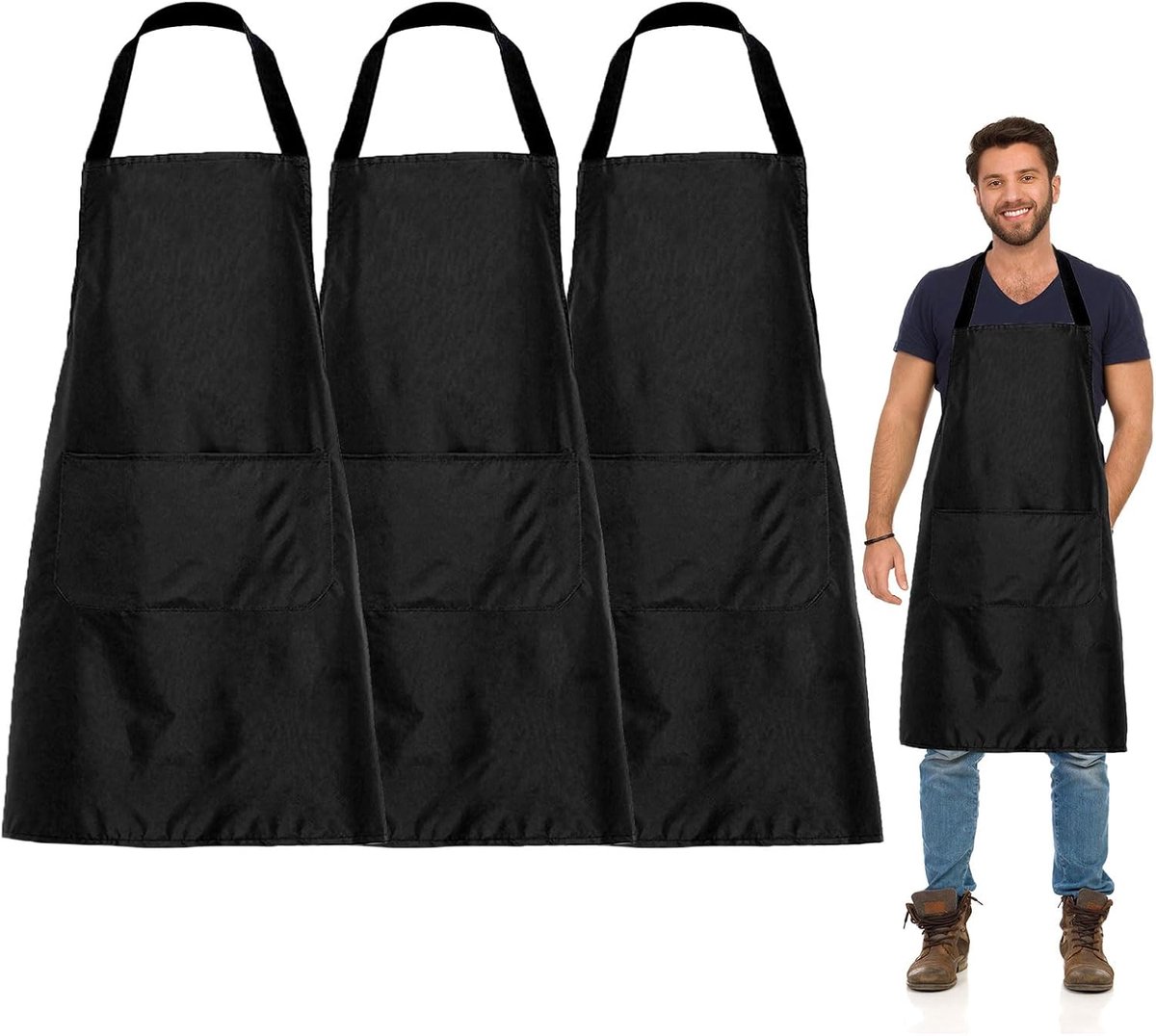 Schorten voor de keuken, zwart schort, keukenschorten voor mannen en vrouwen met 2 zakken voor koken, grillen, schilderen, huishoudelijk werk, kelner