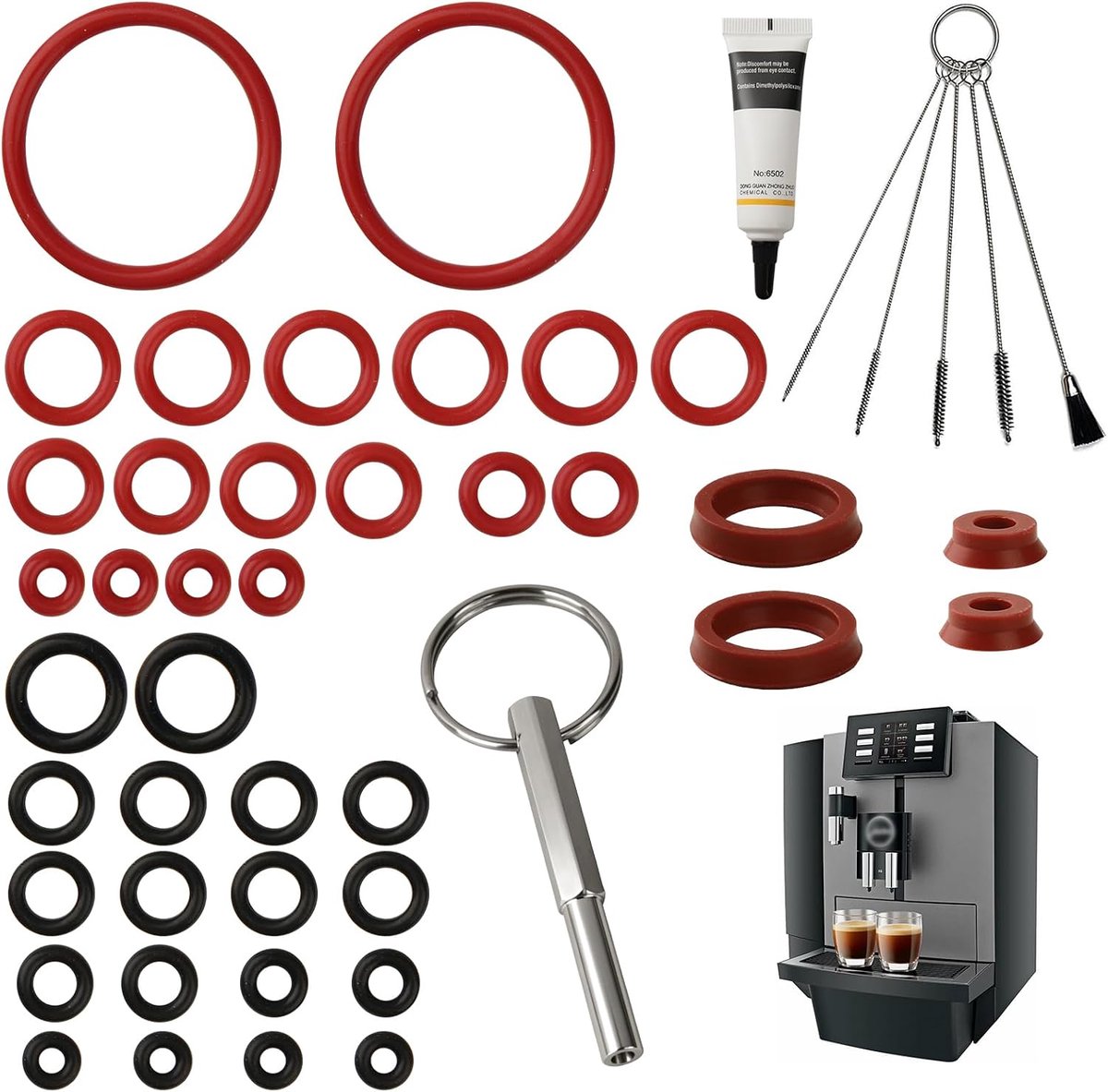 47-delige afdichtingsset, O-ring met ovale kopsleutel, compatibel met Jura Krups AEG, afdichtingsset met 10 g siliconenvet + 5 reinigingsborstels, reserveonderdelen voor drainageventiel