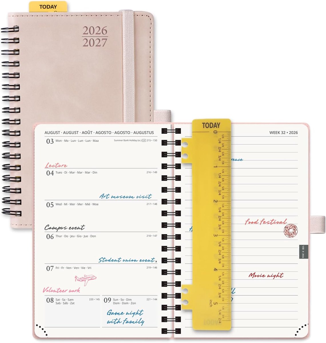 Agenda Pocket 2026 2027 A6 Weekplanner en Notitieboek van Aug'26 - Dec'27, Klein Formaat 16 x 10,5 cm, Zachte Spiral Binding Kaft, Papier 80 GSM, Liniaal, Roze