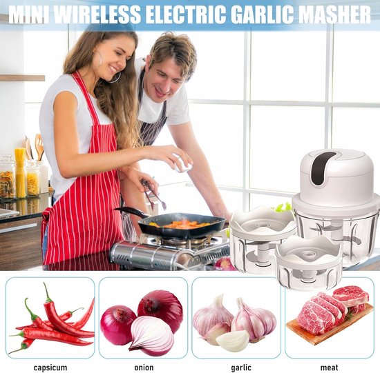 Mini keukenmachine 100 ml, 250 ml, 300 ml, elektrische groentesnijder met 3 scherpe messen, multifunctionele knoflookpers voor groenten, fruit, vlees van MINI — afbeelding 5