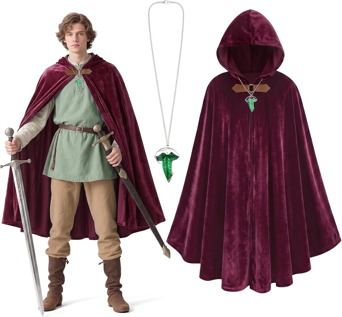 Cape met capuchon voor dames en heren, middeleeuwse fluwelen cape met bladhanger, middeleeuws kostuum, Halloween, ideaal voor cosplay