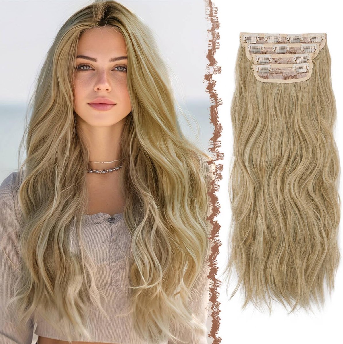 Haarextensies - 4 stuks Lange Golvende Clip in Haar Extensions Kunsthaar Haarverlenging voor Vrouwen, 50 cm Gemengde Blond