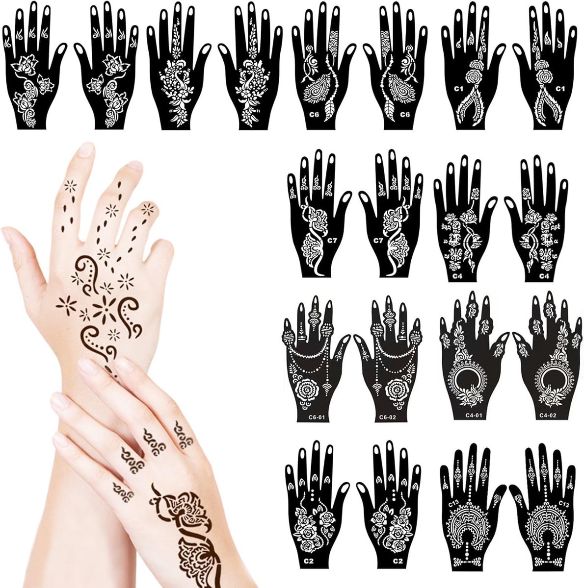 Tijdelijke tattoo-sjablonen voor hand en vingers, Indiase Mehndi-designs voor vrouwen en meisjes, doe-het-zelf lichaamskunst, airbrush-sjablonen, 12 x 21 cm
