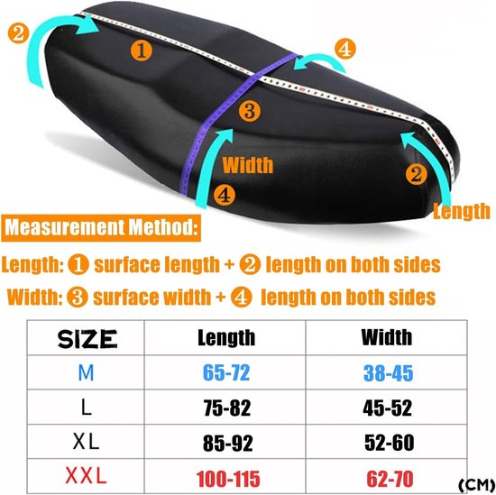 Afmetingen en maattabel voor scooterzadels: Lengte 65-115cm, Breedte 38-70cm.