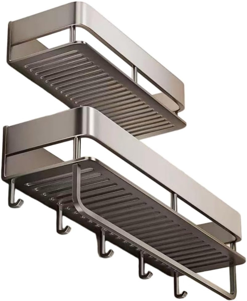 douchemand zonder boren, hangend doucherek zonder boren, badkamerrek van ruimtevaartaluminium, met 5 haken, 40 cm, set van twee stuks, badkameropbergrek voor wastafel en douche