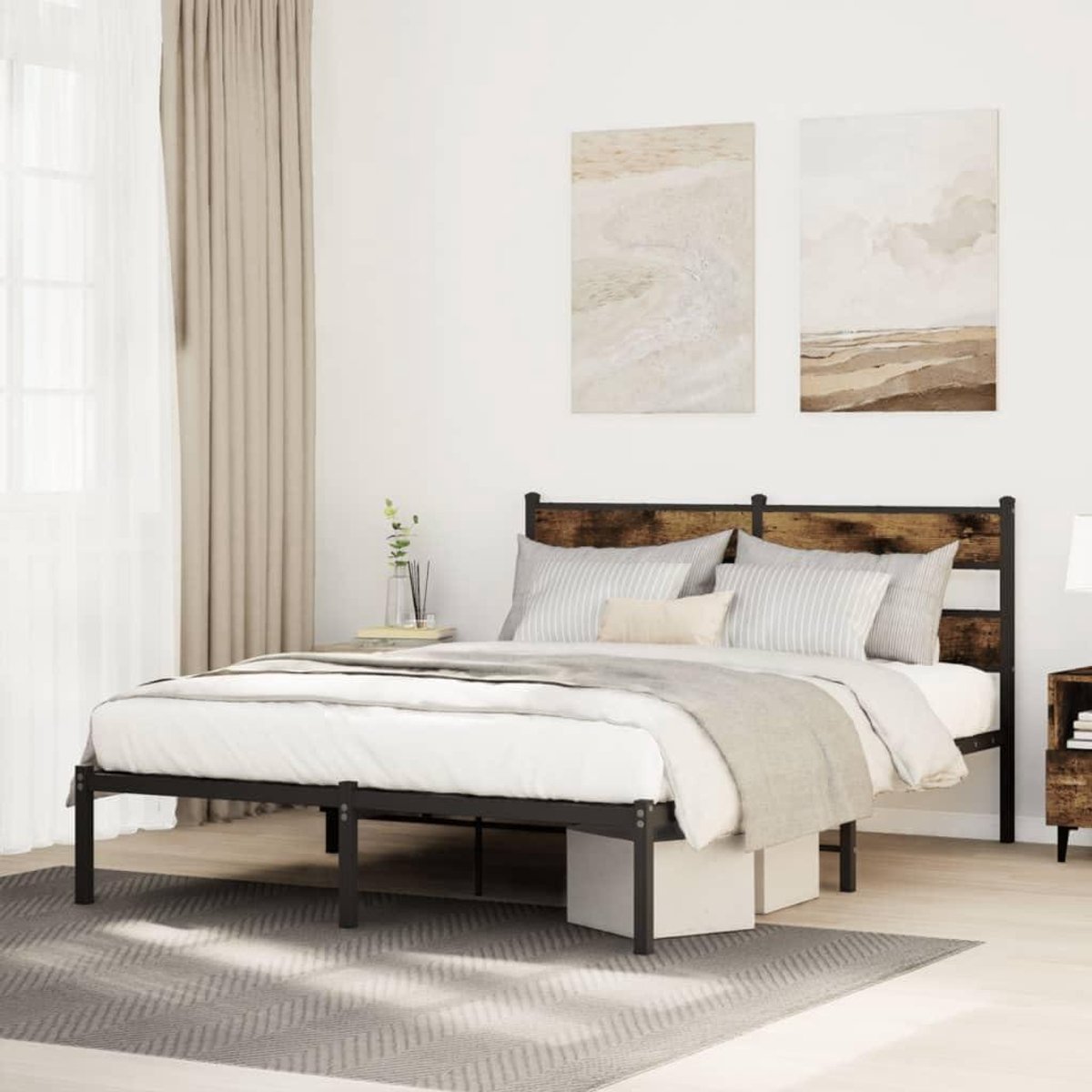 Metalen Bedframe - Bed met Hoofdbord - Slaapkamer Inrichten - Met Opbergruimte - 140 x 200 cm - Rookeiken