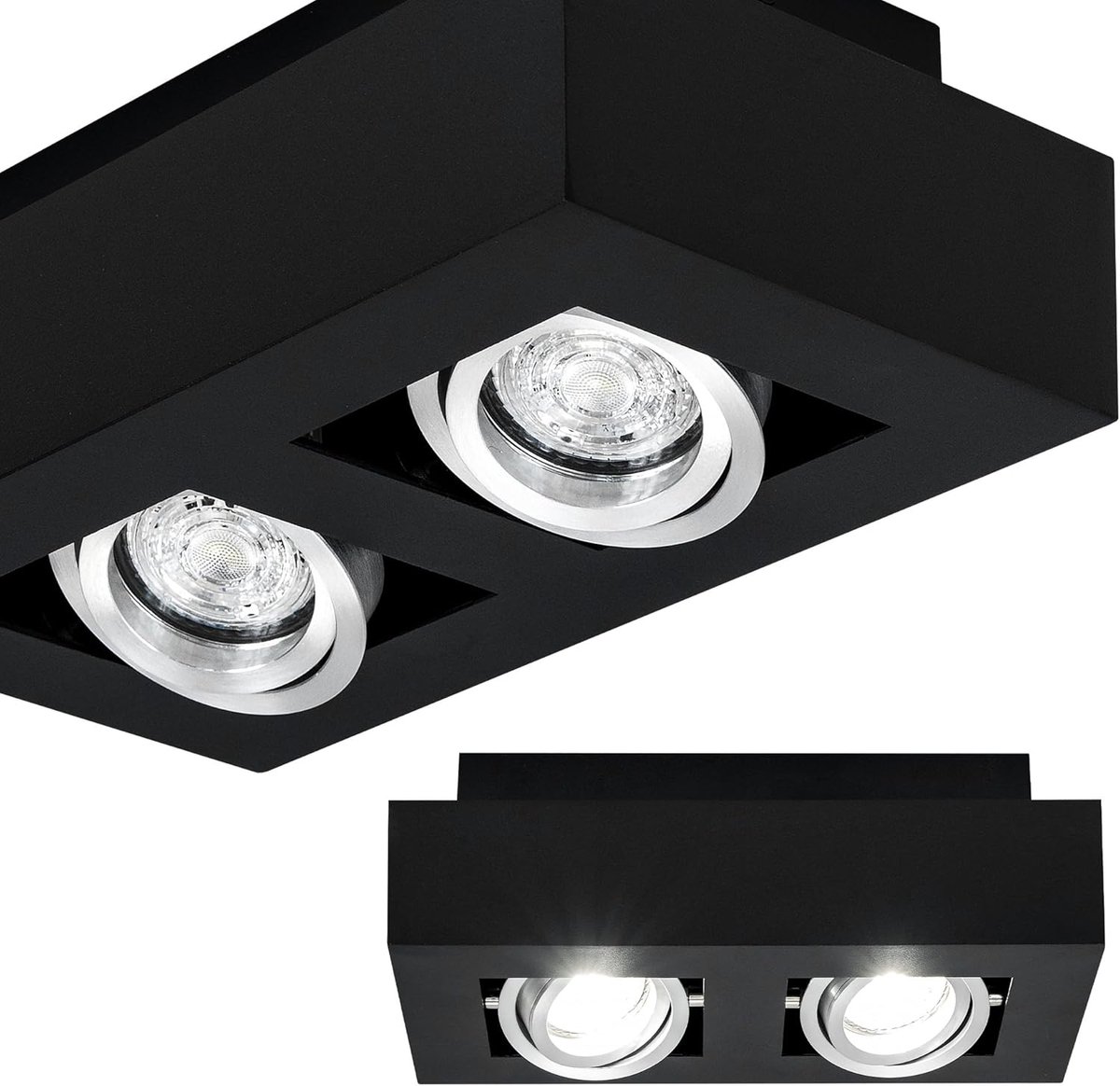 Plafondlamp GU10 OSMIN RIM met 2-lichts, Zwart/Zilverig – Vierkante Opbouwlamp – Dubbele Spot met Verstelbare, Verwisselbare Ring – Moderne Verlichting voor Woonkamer, Slaapkamer en Keuken
