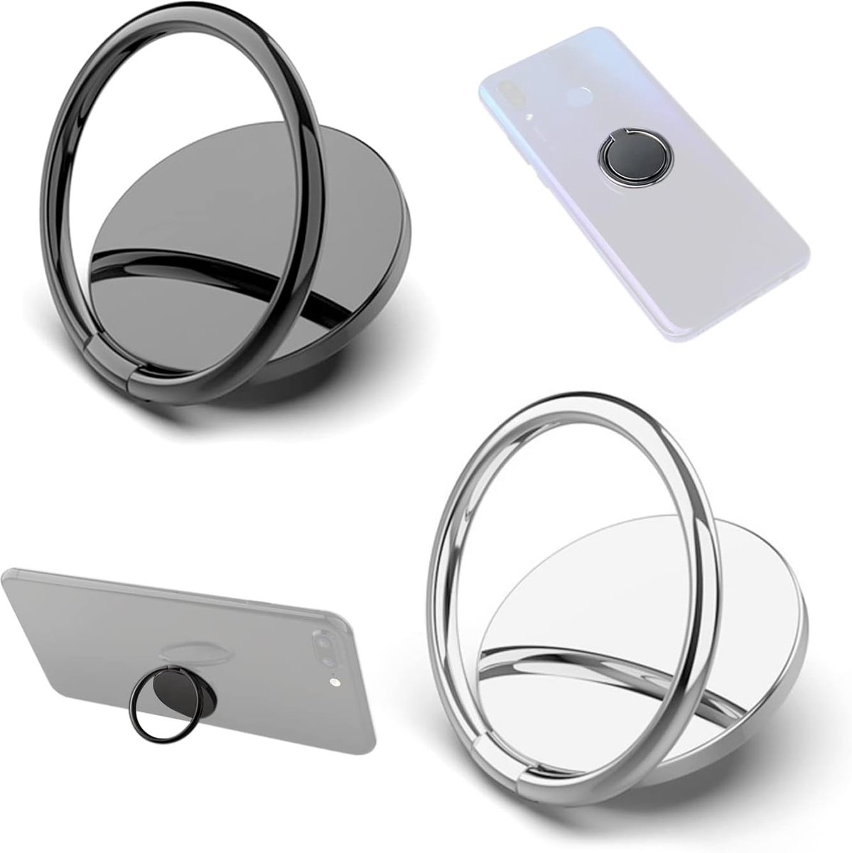 PFLYPF 2 mobiele telefoonringhouders, 360° draaibaar, universeel, zwart & zilver - ShopVlot
