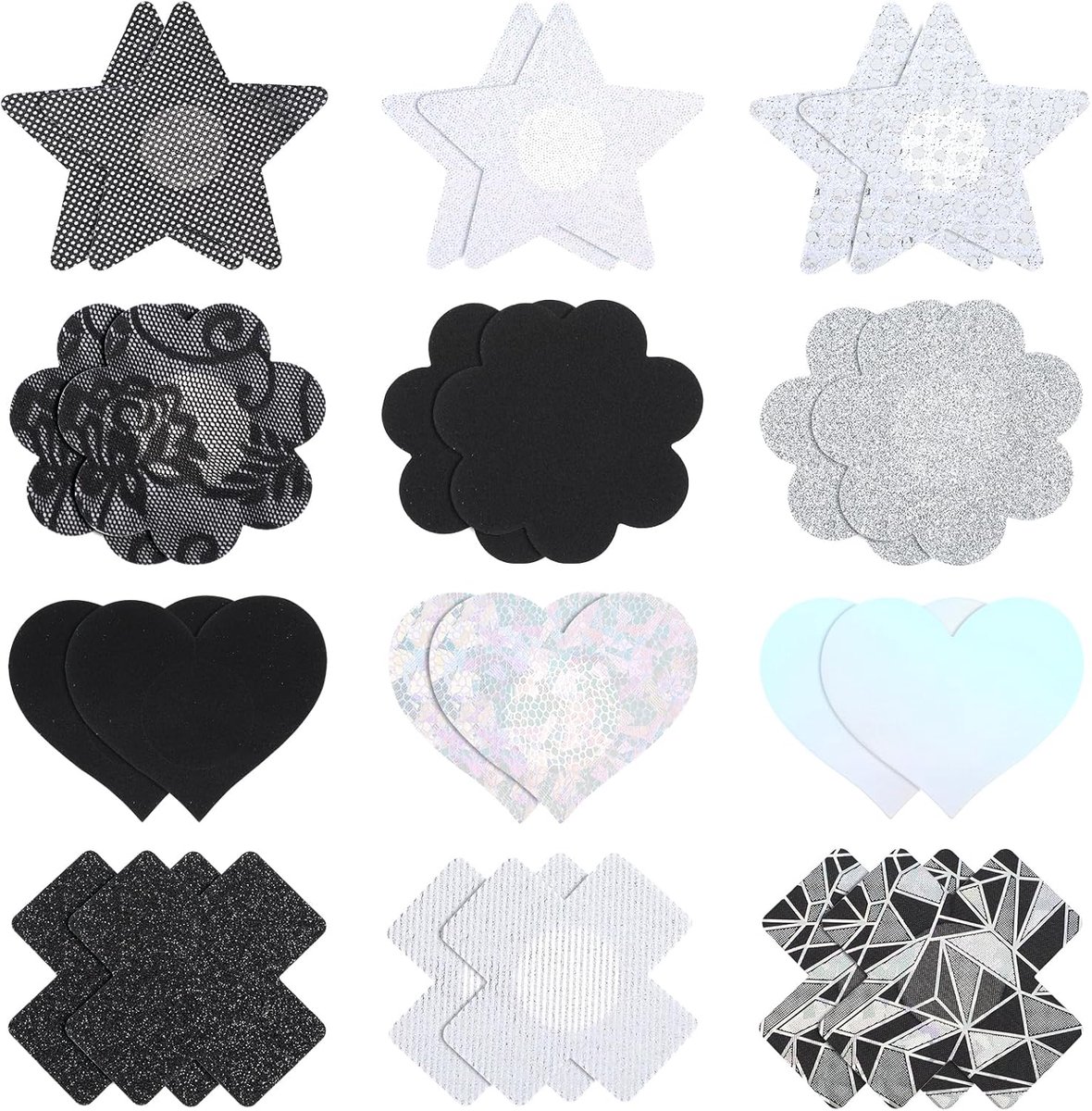 24 stuks tepelafdekking, zelfklevende tepelpatches, tepelbedekking, sticker, borststickers, kruis, hart, bloem, ster, tepelpads voor dames, onzichtbare tepelafdekking, tepelstickers