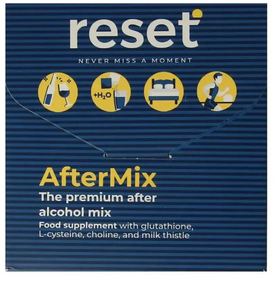 Reset AfterMix: het premium mix-drankje na alcohol met glutathione, L-cysteine, choline en mariadistel. Illustraties tonen feestelijke drankjes, water, slapen en sporten.