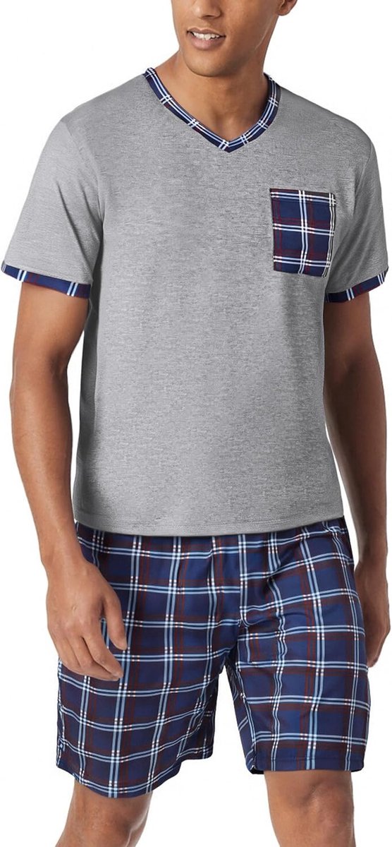 Korte herenpyjama, geruit, katoen, V-hals, tweedelige pyjama met korte mouwen, T-shirt en geruite pyjamabroek