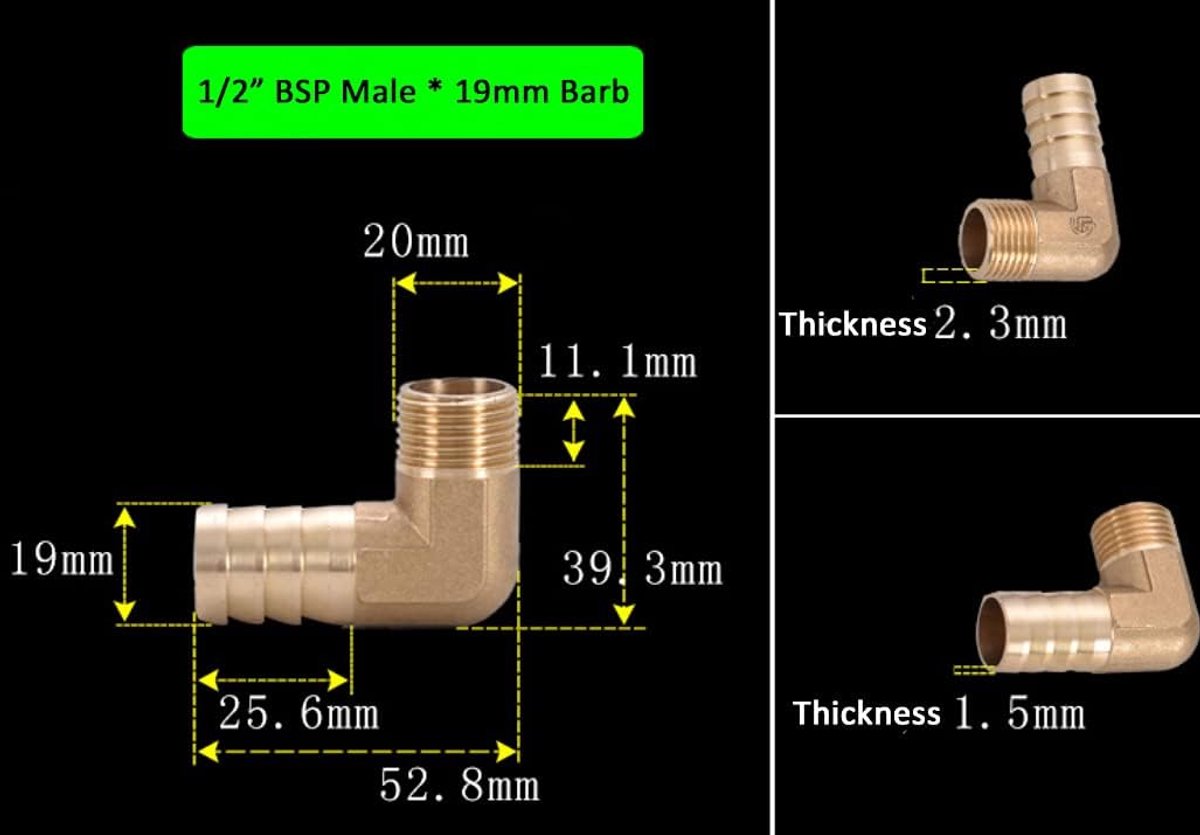 Brass Elbow Fitting, 90 Degree Elbow Barb Hose Fitting Adapter, 1/2" BSP NPT Male Thread x Hose Barb 19mm - ShopVlot