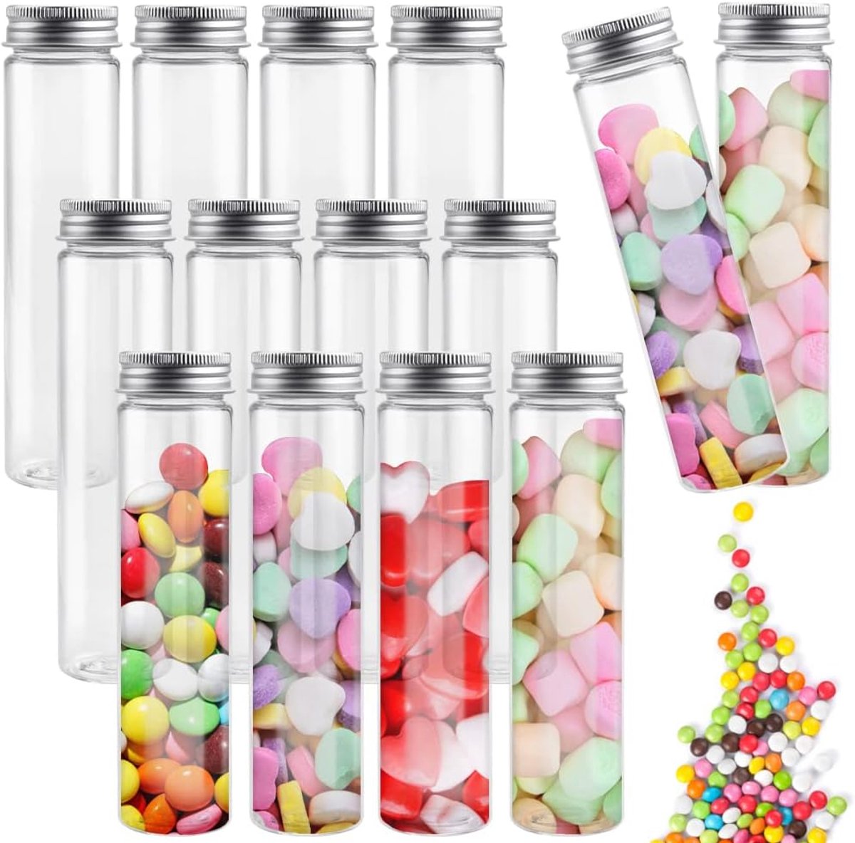 Set van 12 Transparante Laboratoriumtestbuizen met Schroefdop - 80 ml, Plat Onder, Ideaal voor Beads, Snoep en Bloemen