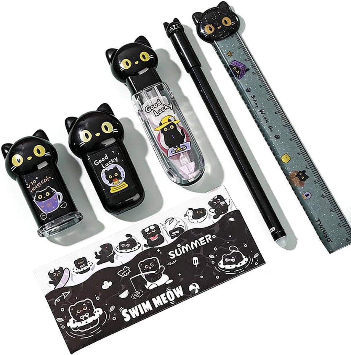 SnelShoppen - Katten-schrijfset 5-delig met pootafdrukken, inclusief etui, liniaal, correctievloeistof en balpen, ideaal voor kinderen, schoolspullen,