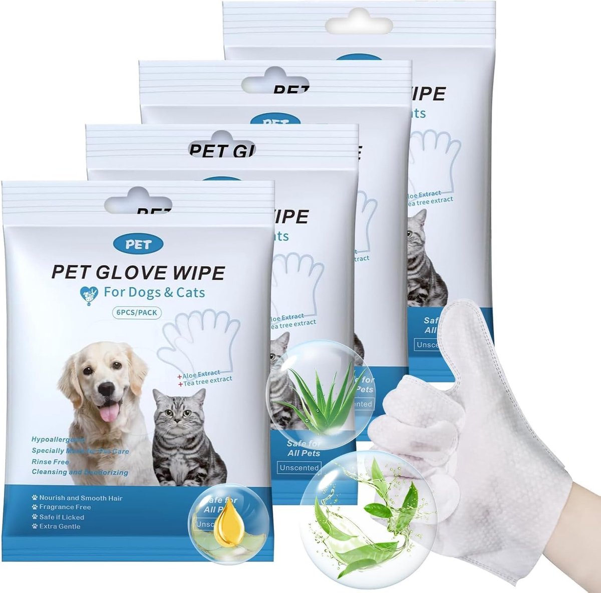 SnelShoppen - Pet Glove Wipes voor Honden en Katten, 24 Wegwerp Schoonmaakdoekjes, Geurloos, Zacht en Niet-irriterend, Ideaal voor Dagelijkse Verzorgi